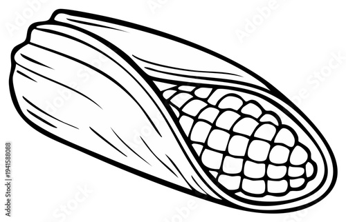 Black and White Illustration of a Corn Cob Wrapped in its Husk, Simple Line Art Food Icon
