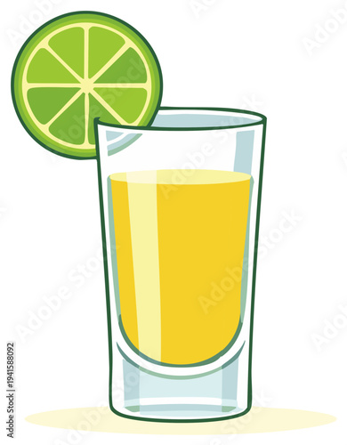 Golden spirit served in a shot glass with a fresh lime wedge garnish