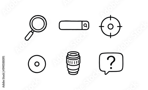 Six minimal black line icons related to search, focus, media and help, designed for clean user interfaces.
