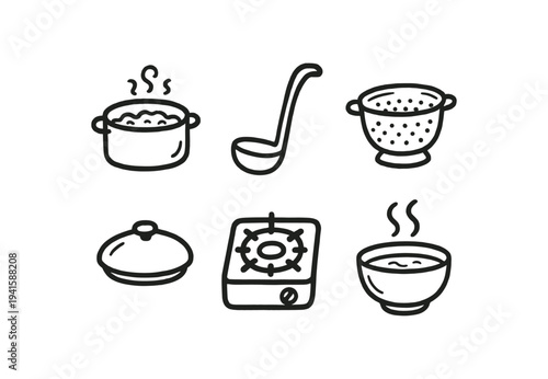 Monochrome line icons of common kitchen tools arranged in two rows, useful for cooking apps, recipe menus, and kitchen-related interface elements.