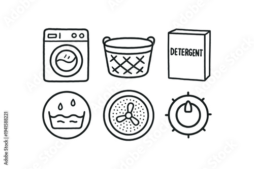Black line icons representing laundry equipment and controls, ideal for laundry service apps, appliance manuals, or ui indicators.