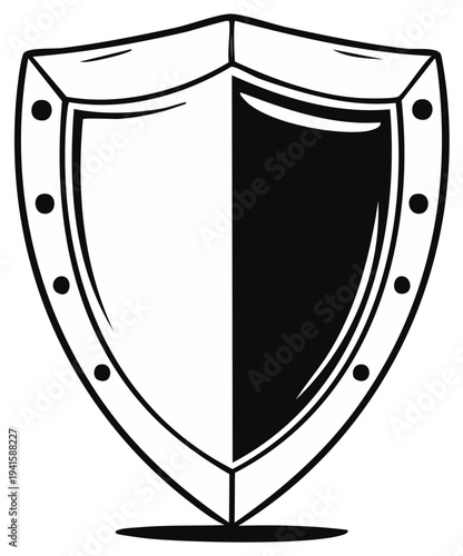 Black and white illustration of a classic shield with two different color halves.
