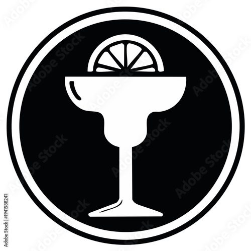 Cocktail glass and lime wedge silhouette within a black circular frame.