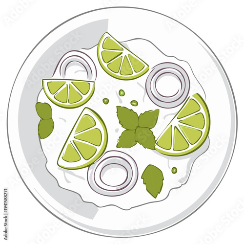 Overhead view of creamy dip with lime wedges, onion rings, and mint leaves on plate