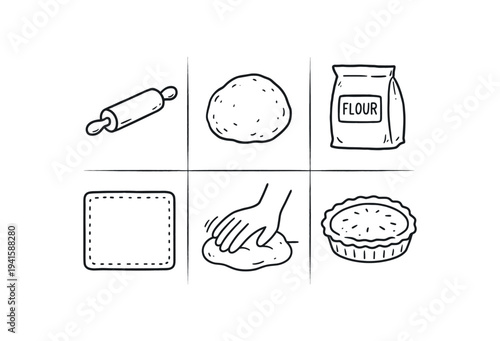 Simple monochrome baking icons arranged in a grid: rolling pin, dough, bag of flour, square pastry base, hands kneading dough, and finished pie, ideal for recipes, bakery branding, or cooking guides.