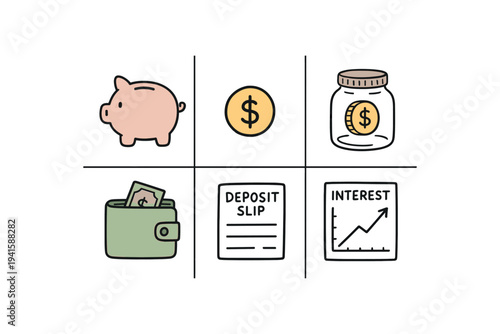  piggy bank, single coin, coin jar, wallet with cash, deposit slip, and an interest growth chart, suited for banking app or financial educational materials.