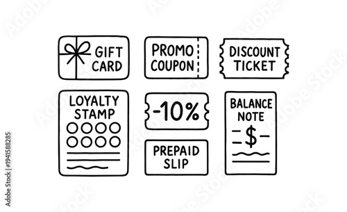 gift card, promo coupon, discount ticket, loyalty stamp sheet, -10% tag, prepaid slip, and balance note, great for e-commerce banners and loyalty programs.
