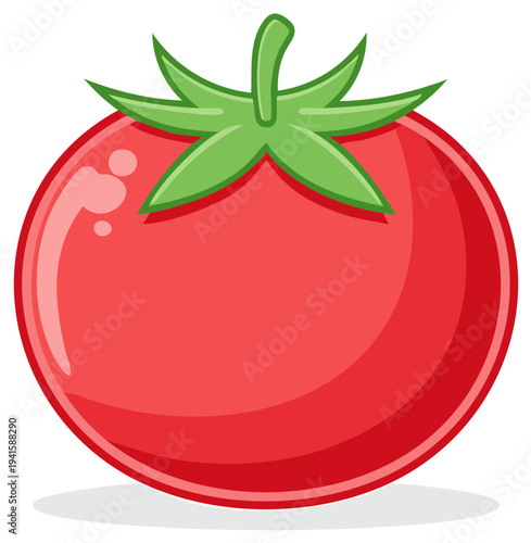 Cartoon illustration of a ripe red tomato with green leaves.
