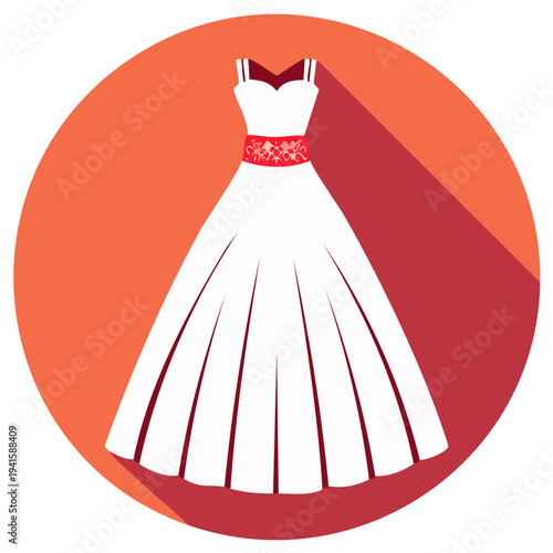 Elegant wedding dress graphic with red floral belt in orange circle