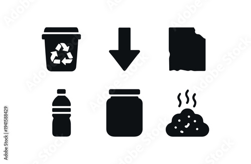 Image: six black silhouette icons showing a recycle bin, down arrow, torn paper, plastic bottle, jar, and steaming compost mound — simple set for eco or waste management designs.