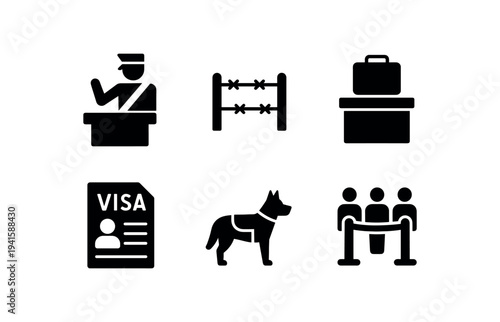 Monochrome icons showing customs and border control elements: an officer at a desk, barbed wire, luggage scanner, visa page, sniffer dog and a roped queue.