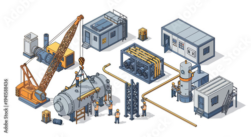 Industrial construction site with heavy machinery and workers.