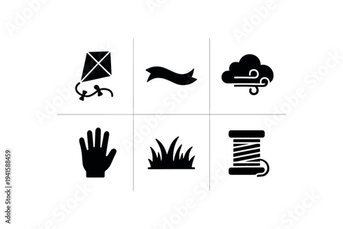 A simple black silhouette set of six outdoor and craft icons—kite, banner ribbon, windy cloud, open hand, grass tuft, and spool of thread—arranged in a grid for ui or print use.