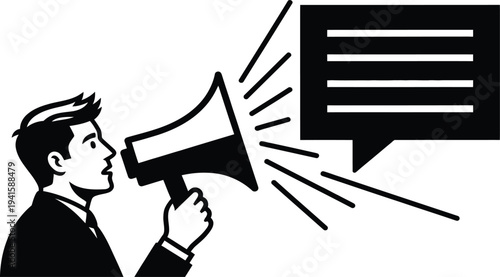 Business man speaking through megaphone icon, marketing announcement concept, communication message symbol, public speech promotion vector illustration