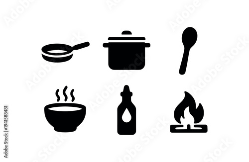 Black silhouette kitchen and cooking icons including a frying pan, lidded pot, spoon, steaming bowl, bottle, and gas flame for culinary interfaces.