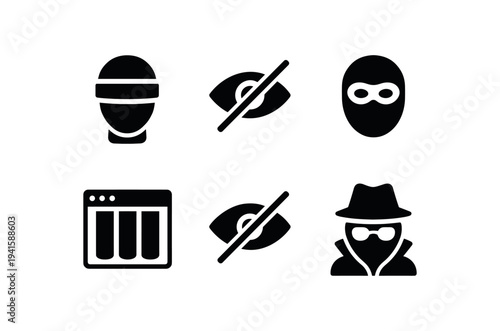 robber, crossed-out eye (privacy/off), balaclava thief, browser window, another crossed-out eye, and a trenchcoat spy wearing hat and glasses 