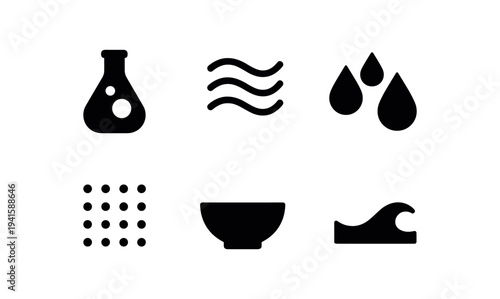 A row of black minimalist icons including a lab flask, flowing lines, water drops, a dotted grid, a bowl, and a wave symbol for science and water themes.