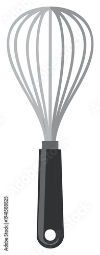 Illustration of a classic kitchen whisk with a dark ergonomic handle and silver metal loops