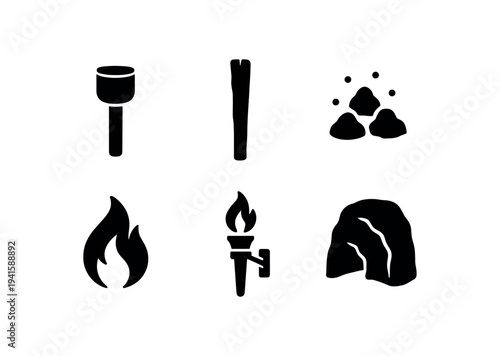 Minimal black camping and fire icons arranged in a grid, good for outdoor, survival, or camping app and print design.