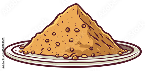 Pile of granular material on a white plate in cartoon style