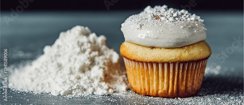 Vanilla cupcake with powdered sugar and vanilla icing