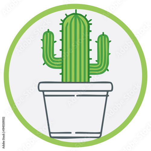 Green potted saguaro cactus illustration inside a circular frame