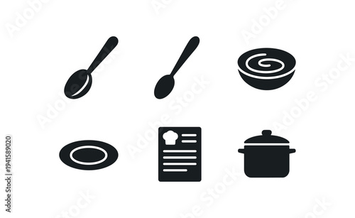 kitchen and dining items including two spoon shapes, a bowl with swirl, a plate, a recipe or menu card, and a covered cooking pot suited for food apps, menus, or cooking guides.