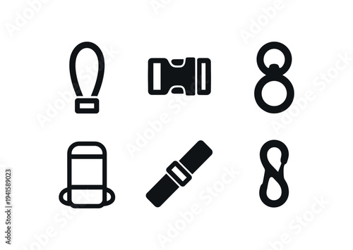 A streamlined black icon set showing different strap types, buckles, seatbelt-style fastener, loops, and rings for use in outdoor gear, luggage, safety equipment, or ui controls.