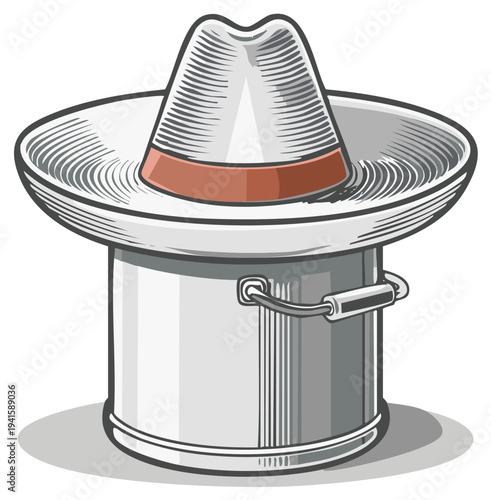 Illustration of a metallic pail with sombrero on top, vintage style.