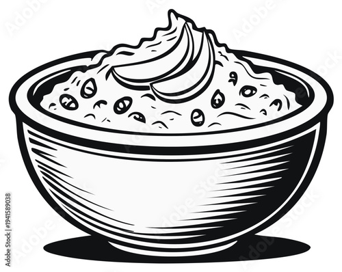 Bowl of Oatmeal with Sliced Banana and Nuts Black and White Vector Illustration