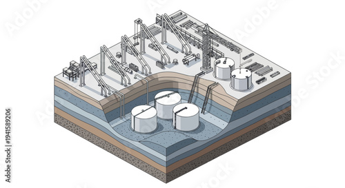 Industrial facility with underground storage tanks and complex infrastructure.