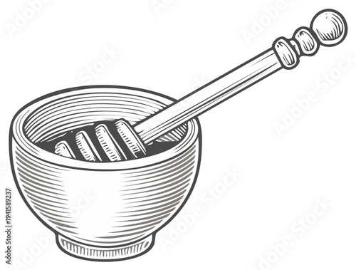 Engraved black and white illustration of a honey dipper resting in a simple bowl