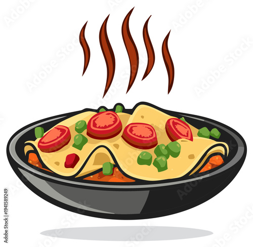 Delicious steaming Mexican dish with cheese and vegetables served in a black bowl