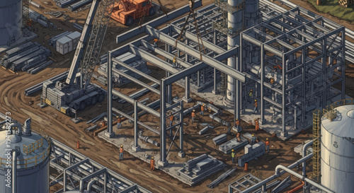Industrial construction site with steel framework and machinery.