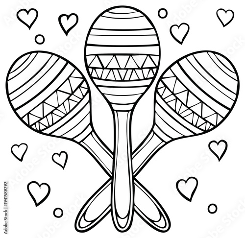 Outline maracas illustration, coloring book page with hearts, musical instruments for Cinco de Mayo, vector design for celebration party