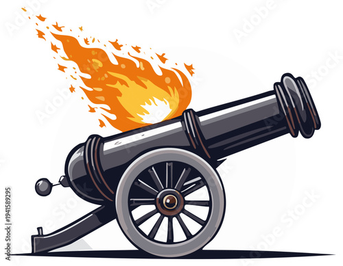 Cartoon illustration of a historical cannon firing with flame.