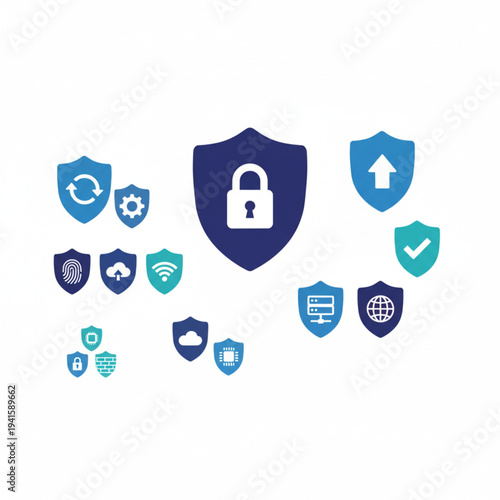 Collection of various digital security and protection icons including shields, locks, and data transfer symbols on a white background