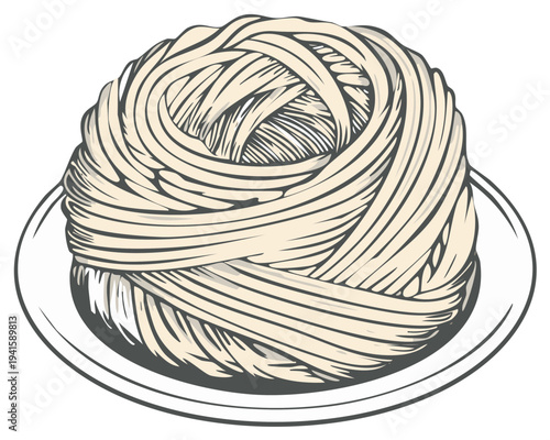 Pasta Noodles on a Plate Hand Drawn Illustration Italian Food Dinner