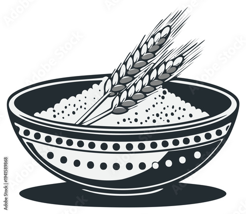 Decorative bowl of grains with wheat stalks, isolated graphic element