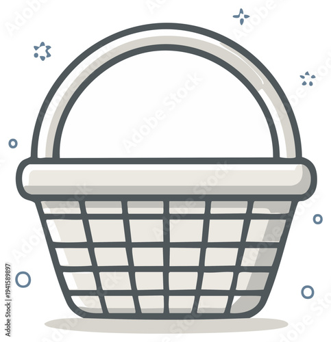 Charming empty market basket cartoon with handle and doodle style, creating a whimsical grocery or shopping element.