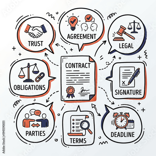 Hand-drawn doodle style infographic explaining the key components of a legal contract, such as trust, agreement, terms, and signature.. Vector illustration