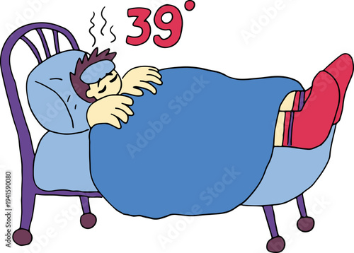 A young man with a high fever suffers from a headache and lies in blue bed linen covered with a blanket, full size, hand drawn with black, curved grunge lines