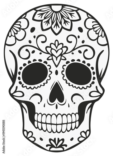 Detailed black and white sugar skull illustration for Day of the Dead celebration
