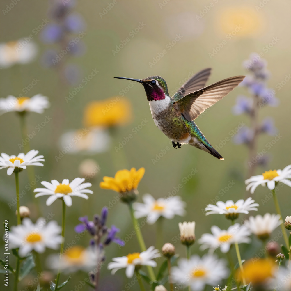 Fototapeta premium gothic, hummingbird soaring above sunlit meadow of wildflowers