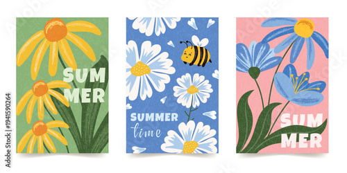A set of trendy postcards. Beautiful abstract flowers with texture. Vector summer design for covers, banners, advertisements, invitations, and more.