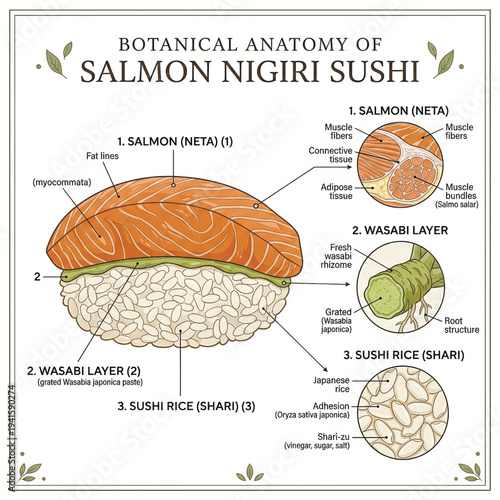 A detailed educational diagram illustrating the components of salmon nigiri sushi: the neta (salmon), shari (rice), and wasabi layer. Vector illustration
