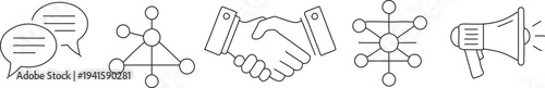 Set of 5 gray outline vector icons for business communication, networking, partnership, and marketing, including chat bubbles, network, handshake, and megaphone isolated PNG with Transparent