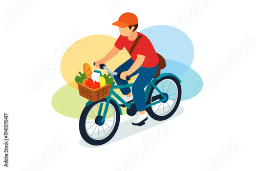Man riding bicycle with groceries in basket.