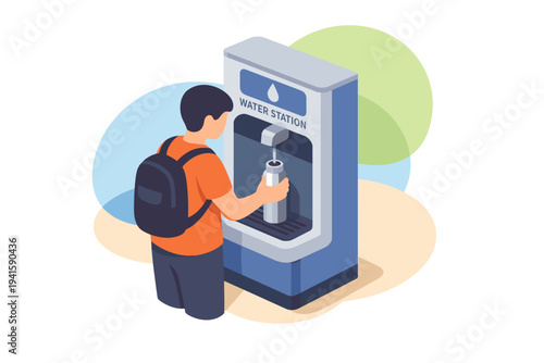 Young man filling water bottle at water dispenser.
