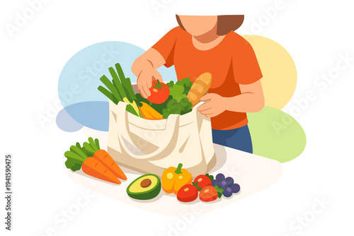 Person putting fresh vegetables and fruits into reusable shopping bag.